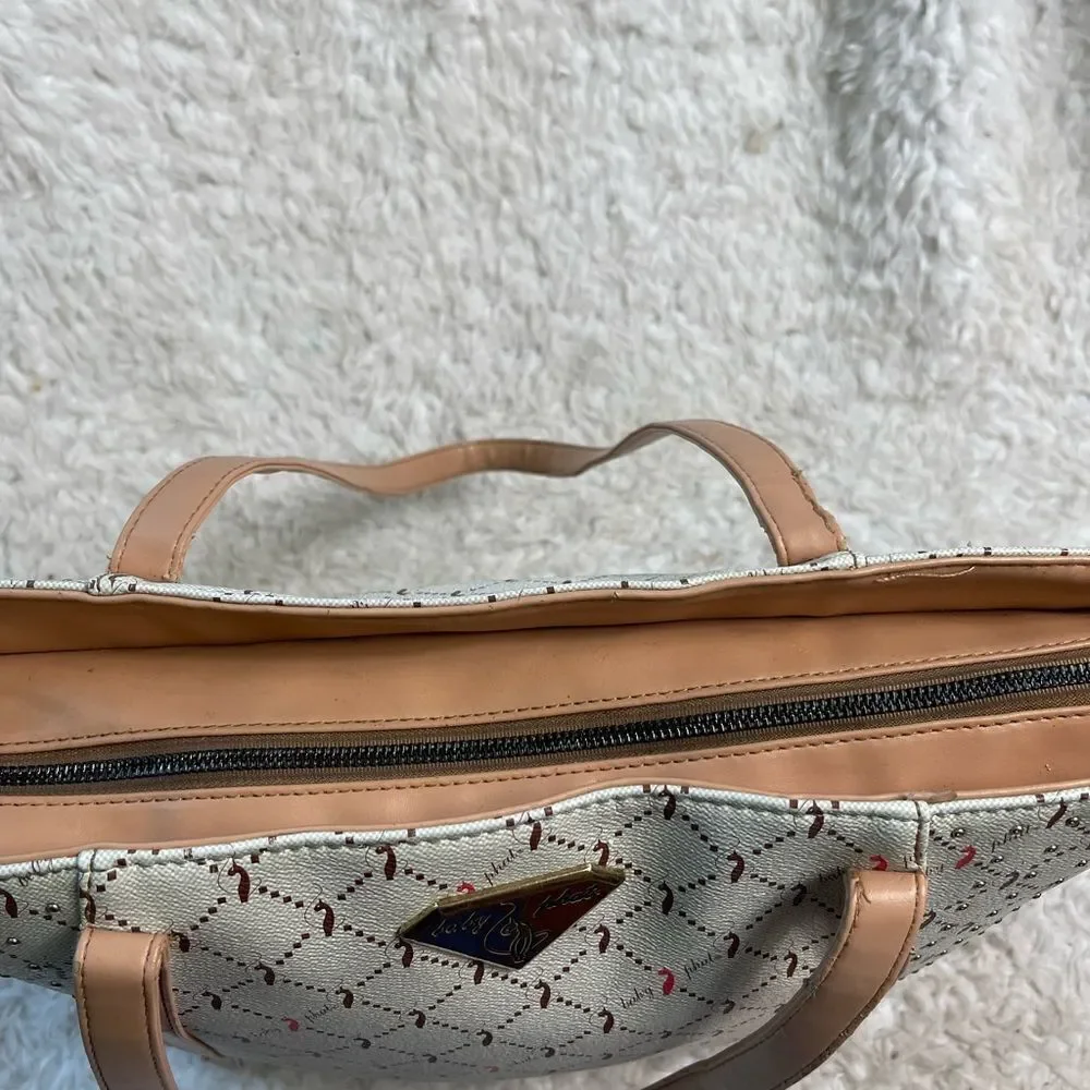Babyphat beige logo brown & orange large tote with tan traps studs accents